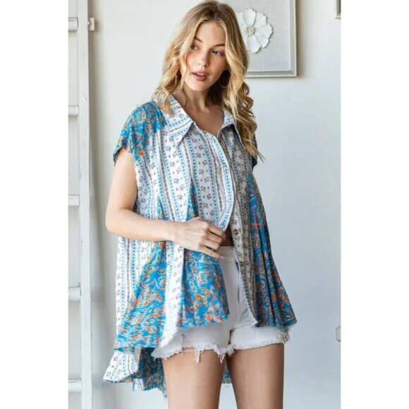 Oli & Hali Washed Printed Button Front Flare Hem Top NEW Size XL - Picture 3 of 6